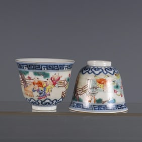 QING DYNASTY QIANLONG YEAR SYSTEM (JING WEI HALL) BLUE AND WHITE FAMILLE ROSE BABIES PLAY COURTYARD