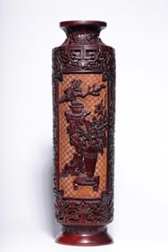 ?MADE IN THE QIANLONG PERIOD OF THE QING DYNASTY? RED CARVED WINDOWED ANTIQUE-THEMED TUBE VASE