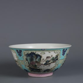 QING QIANLONG YEAR ENAMEL COLOR OPEN MEDALLIONS FOUR SEASONS LANDSCAPE PALACE BOWL