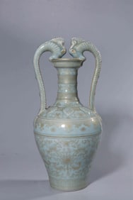 QING TIANQING GLAZE GOLD-PAINTED TWINED FLOWERS AND DOUBLE DRAGON EAR VASE