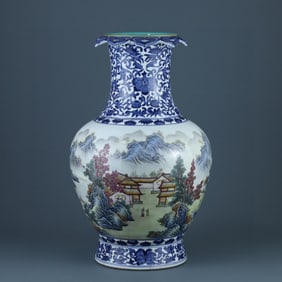 QING QIANLONG BLUE AND WHITE PASTEL LANDSCAPE GRAIN KUI MOUTH BOTTLE