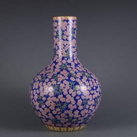 QING QIANLONG YEAR BLUE GROUND FAMILLE ROSE PLUM BAMBOO PICTURE BALL BOTTLE