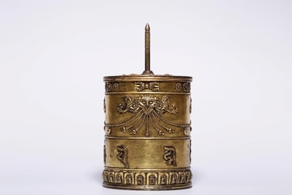 QING DYNASTY COPPER GILT ZHIBAZHA SIX-CHARACTER MOTTO PRAYER WHEEL