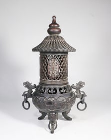 THREE-LEGGED INCENSE BURNER WITH DOUBLE EARS AND MOVABLE RINGS AND CARVED AUSPICIOUS BEASTS IN