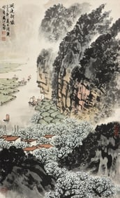 JIANG WENZHI: INK AND COLOR ON PAPER PAINTING 'LANDSCAPE SCENERY'