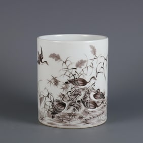 QING YONGZHENG YEAR INK COLOR REED GOOSE PICTURE POEM PEN HOLDER