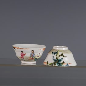 QING YONGZHENG YEAR FAMILLE ROSE FIGURES CUPS PAIR