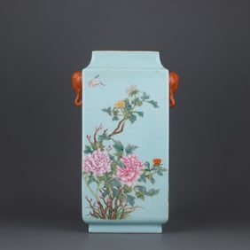 QING QIANLONG PINE STONE GREEN SPACE PASTEL FLOWERS AND BIRDS LIKE EAR SQUARE BOTTLE