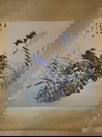 ZHANG DAQIAN, FLOWERS AND BIRDS SILK PAINTING SCROLL