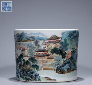 QIANLONG YEAR OF THE QING DYNASTY FAMILLE ROSE LANDSCAPE FIGURES PEN HOLDER