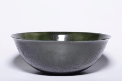QING DYNASTY "QIANLONG YEAR" HETIAN GREEN JADE LANDSCAPE POEM THIN-BODIED BOWL (WITH RIDGES)