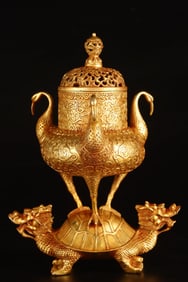 OLD COLLECTION OF GILT BRONZE CRANES DRAGON TURTLE BURNER