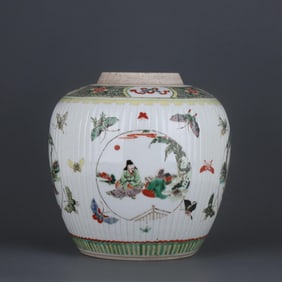 QING KANGXI COLORFUL BUTTERFLY QIN, CHESS, PAINTING AND CALLIGRAPHY FIGURE FIGURE MELON EDGE POT
