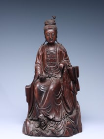 QING DYNASTY RED SANDALWOOD CARVED SCRIPTURE GUANYIN SEATED STATUE