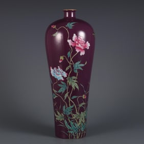 QING YONGZHENG PURPLE GROUND PASTEL FLOWERS AND BIRDS INSCRIPTION POEM PLUM BOTTLE