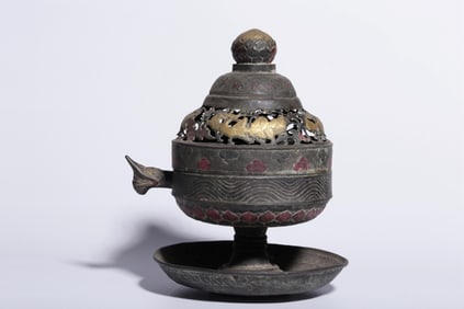 LIAO AND JIN DYNASTY BRONZE GILT LACQUER PHOENIX PATTERN INCENSE BURNER