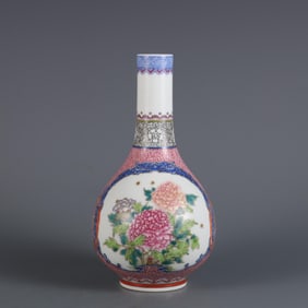 QING QIANLONG ROUGE RED COLOR WINDOW ENAMEL COLOR FLOWER GRAIN BILE BOTTLE
