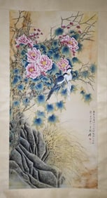 ZHANG DAQIAN, FLOWERS AND BIRDS SCROLL
