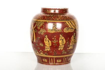 A CORAL-RED GROUND 'FIGURE' JAR
