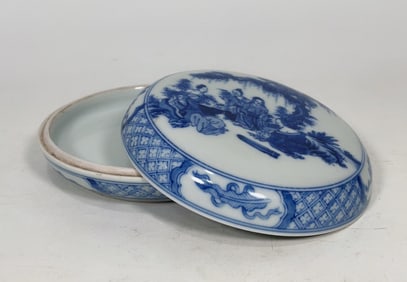 QING KANGXI YEAR BLUE AND WHITE CHARACTER STORY COVER BOX