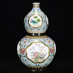 QING QIANLONG IMPERIAL ENAMEL COLOR FLOWER AND BIRD PATTERN GOURD BOTTLE