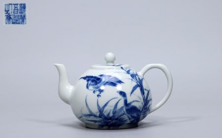 YUANWENWUGUOZHIZHAI BLUE AND WHITE REED GOOSE TEAPOT (WANG BU)