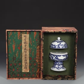 MING XUANDE BLUE AND WHITE FISH ALGAE PATTERN LID JAR