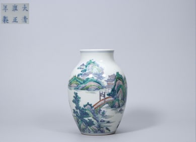 MADE IN THE YONGZHENG PERIOD OF THE QING DYNASTY FAMILLE ROSE LANDSCAPE FIGURE OLIVE VASE