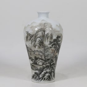 QING QIANLONG YEAR GRISAILLE LANDSCAPE POETRY PLUM BOTTLE