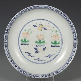 MING XUANDE BLUE AND WHITE COLORFUL MANDARIN DUCK LOTUS POND PATTERN PLATE