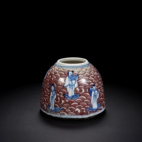 QING DYNASTY BLUE AND WHITE UNDERGLAZE RED EIGHT IMMORTALS WATER POT