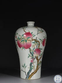 YONGZHENG REIGN MARK ENAMEL EIGHT PEACHES WUFU PLUM VASE