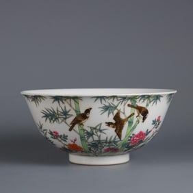 QING YONGZHENG YEAR ENAMEL COLOR BAMBOO FINCH PICTURE PALACE BOWL