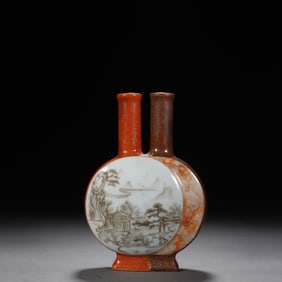 QING DYNASTY, A PAIR OF FAMILLE ROSE LANDSCAPE PAVILION DOUBLE-LINKED BOTTLES