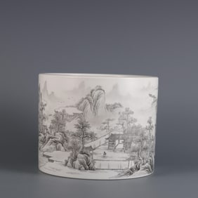 QING YONGZHENG YEAR GRISAILLE LANDSCAPE FIGURE PEN HOLDER
