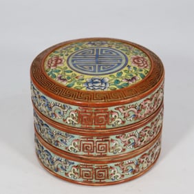 QING QIANLONG PASTEL FLOWERS CARVED DRAGON GRAIN DOUBLE PINK BOX