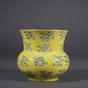 YELLOW GROUND GREEN GLAZE BAMBOO PATTERN SLAG BUCKET