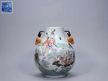 FAMILLE ROSE EIGHT IMMORTALS CROSSING THE SEA, DEER-EARED VASE, MARKED ?MADE IN THE QIANLONG PERIOD