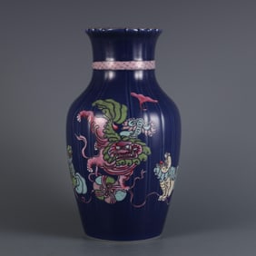 QING QIANLONG YEAR JI BLUE GLAZE WITH FAMILLE ROSE LION PLAY BALL MELON LING RIBBON BOTTLE