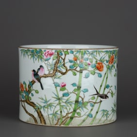 QING QIANLONG PASTEL BAMBOO FLOWERS AND BIRDS POETRY MAP PEN TUBE