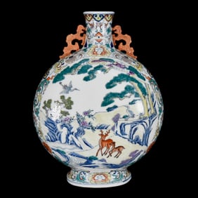 QING QIANLONG BUCKET COLOR DEER CRANE GRAIN DOUBLE EARS FLAT BOTTLE