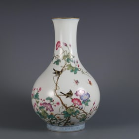 QING QIANLONG PASTEL FLOWER AND BIRD PATTERN POEM BORMUSTARD BOTTLE