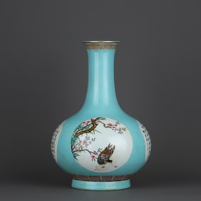 QING QIANLONG PINE STONE GREEN GLAZE WINDOW POWDER COLOR FLOWERS AND BIRDS POETRY PICTURE