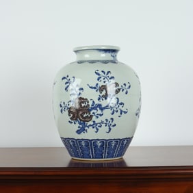 QING DYNASTY BLUE AND WHITE UNDERGLAZE RED LONGEVITY JAR