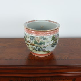 QING DYNASTY PINK GLAZE LANDSCAPE PAVILION SCROLL VASE