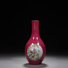 QING DYNASTY ROUGE RED GLAZE OPENING FLOWER AND BIRD BOTTLE