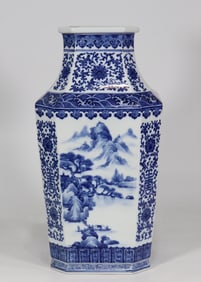QING QIANLONG BLUE AND WHITE LANDSCAPE SQUARE BOTTLE