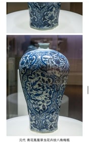 YUAN DYNASTY BLUE AND WHITE DOUBLE PHOENIX GRASS INSECT FLOWER PATTERN EIGHT SQUARE PLUM BOTTLE