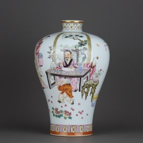 QING QIANLONG PASTEL CHARACTER GODSON POETRY FIGURE PLUM BOTTLE