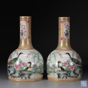YONGZHENG REIGN MARK FAMILLE ROSE TRAVERTINE FLOWER AND BIRD PATTERN BELL VASES WITH GOLD-PAINTED
